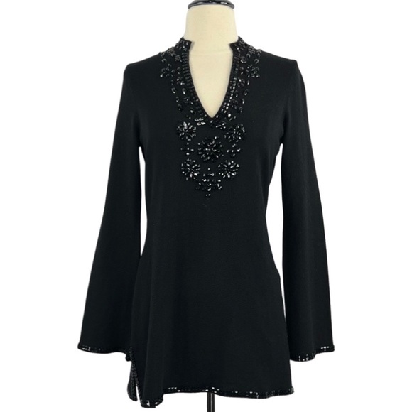 INC Silk/Angora Blend V-Neck Black Tunic with Black Gem Embellishments. Size S - Picture 1 of 13